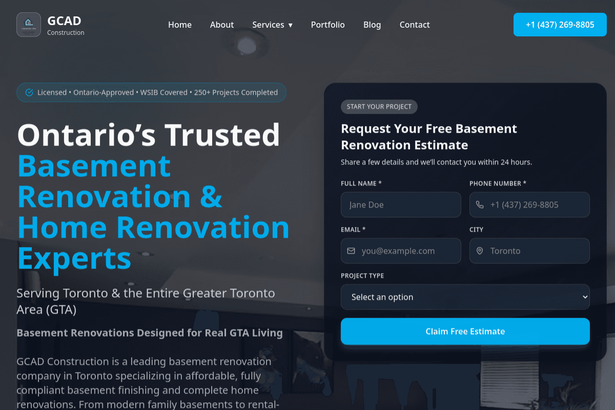 GCAD Construction website screenshot